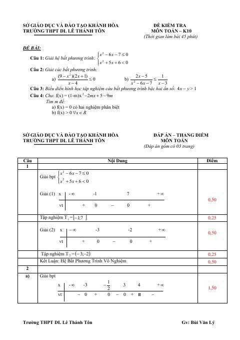 Kiểm tra Đại số 10 chương 3 trường Lê Thánh Tôn – Khánh Hòa